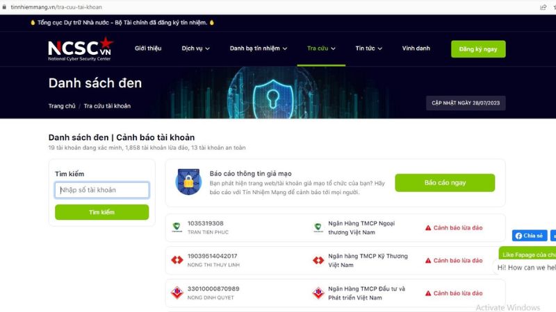 Truy cập vào website để tra số tài khoản lừa đảo 