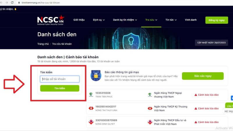 Nhập số tài khoản cần tra cứu vào ô tìm kiếm 