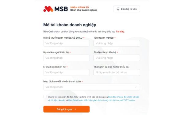  Đăng ký mở tài khoản doanh nghiệp online tại MSB 